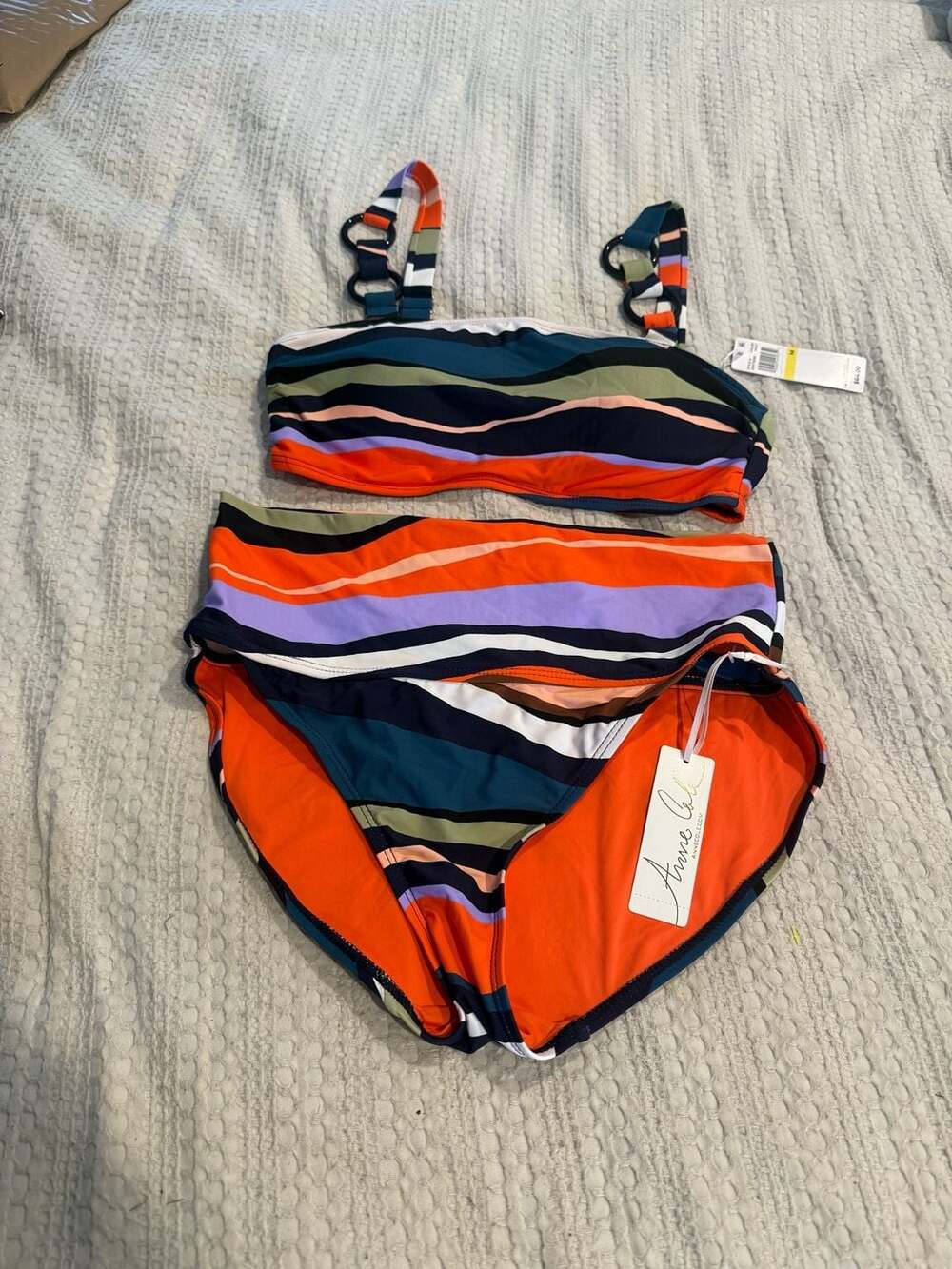 Anne Cole Multi-Color Striped Bandeau Bikini Set with Ring Strap Details